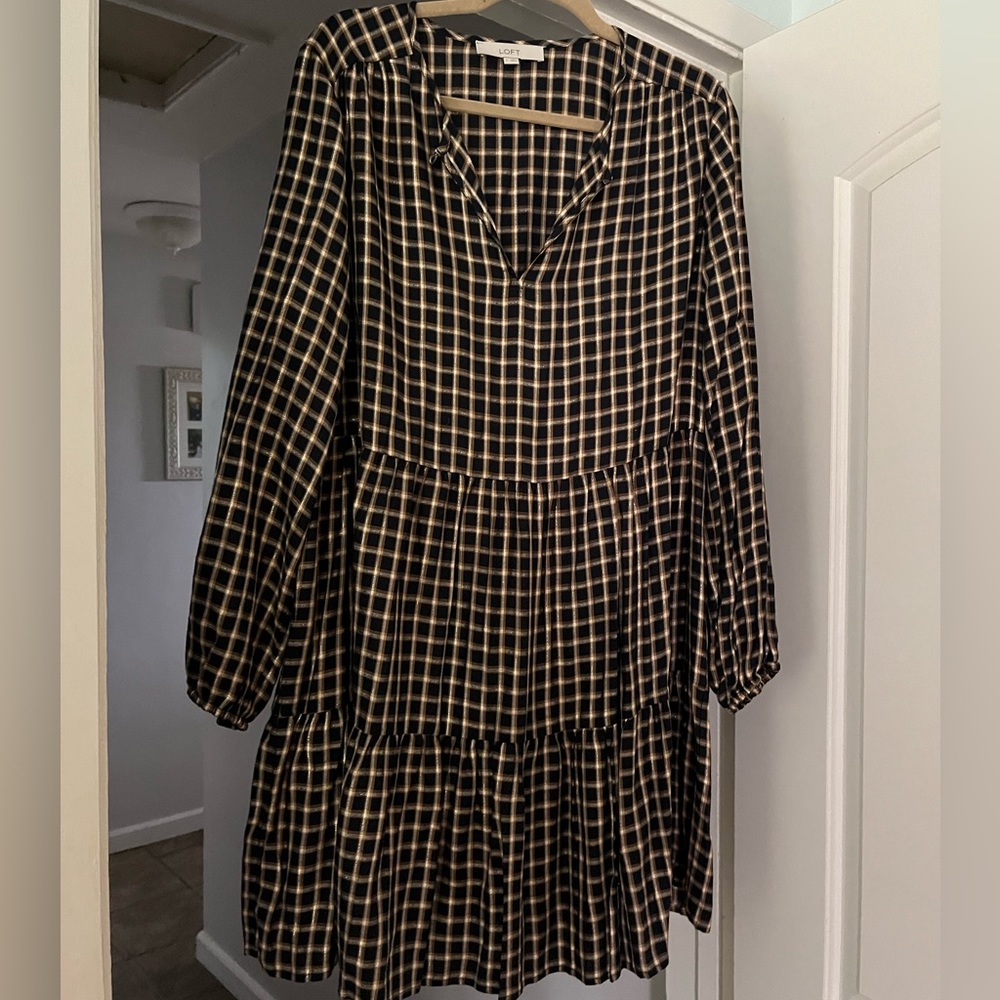 Loft blue and brown plaid tiered dress